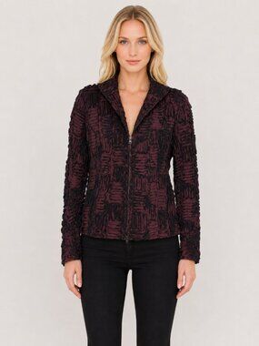 SAMUEL DONG Maroon Burgundy Swirl Rosette Zip Front Jacket Size Medium